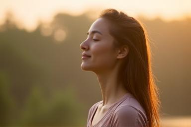 Person looking serene and thoughtful, meditating outdoors after exercise